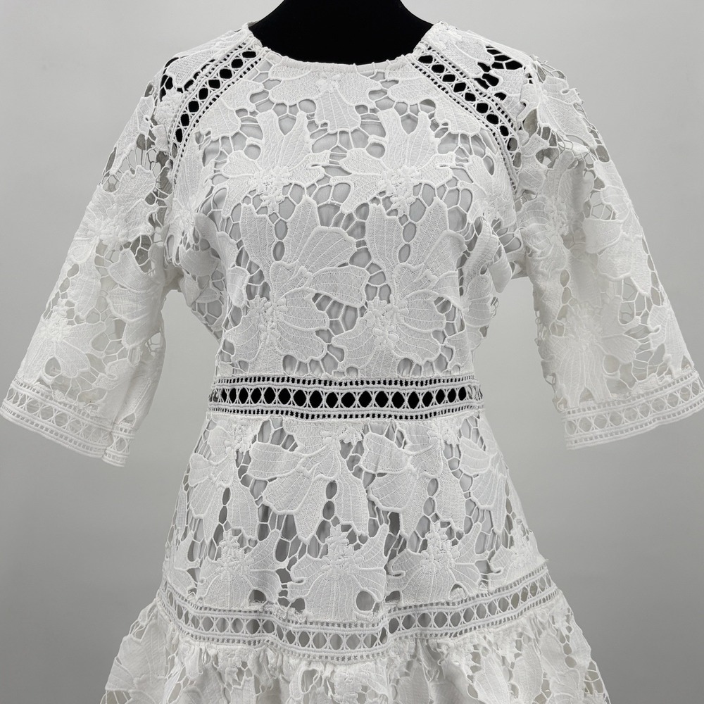 Just Me Dress Medium White Floral Crochet Tiered Boho Revival Ethereal‎ Angelic - Picture 2 of 9